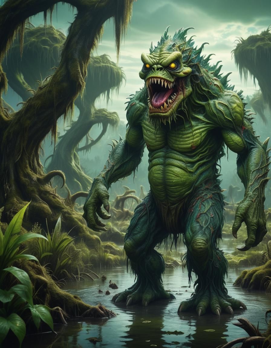 Vibrant Green Swamp Monster in Hyperrealistic Detail