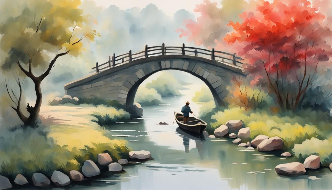 Misty Stone Bridge: Chinese Brush Painting in Gouache