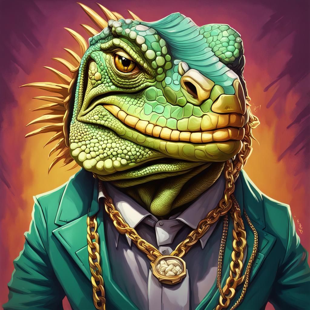 Hyperrealistic Gangster Iguana in Splash Art Style