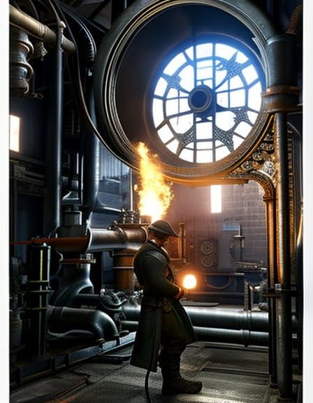 Powerhouse Mechanic Working on Steam Pump, Cinematic 3D