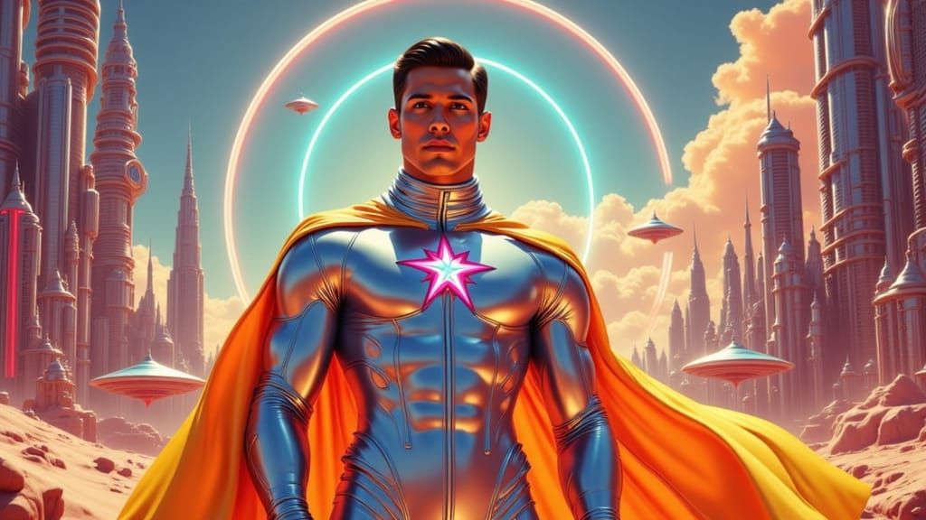 Vintage-Futurism Hero Shines with Radiant Power and Retro St...