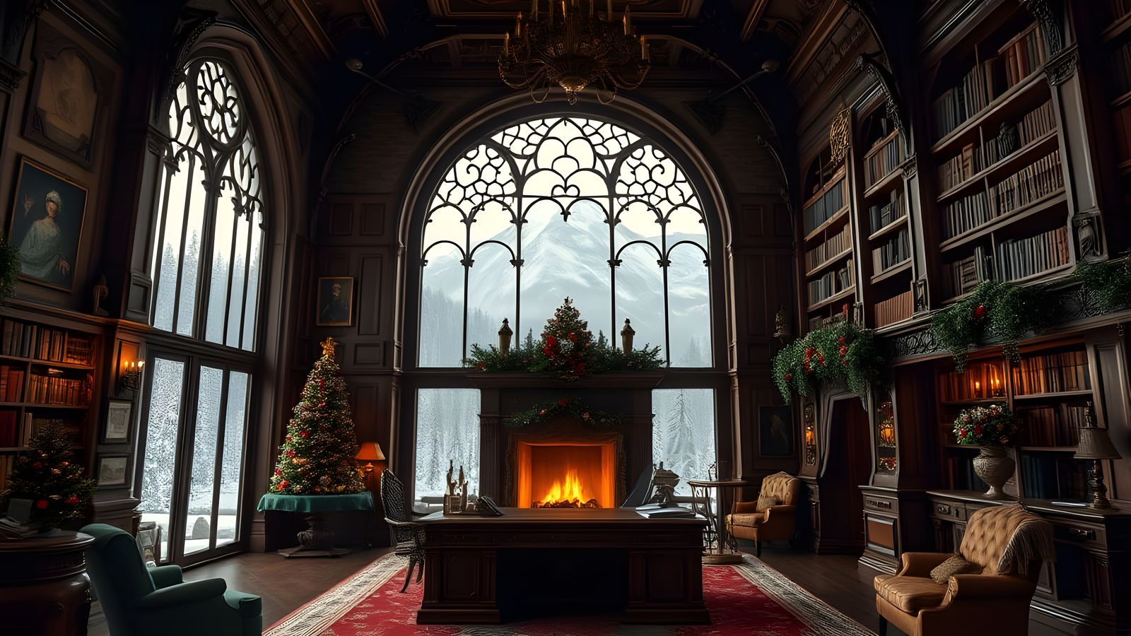 Gothic Castle Interior Library Painted in Ultra-Realistic Te...