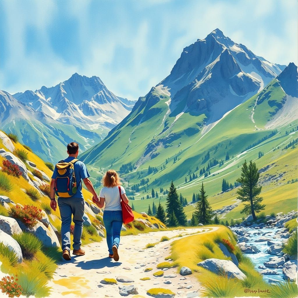 Alpine Hiking Scene in Impressionist Watercolor Style