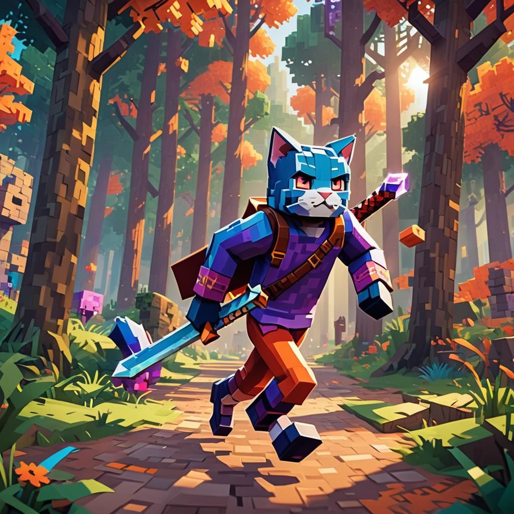 Minecraft Cat Boy Runs Through Blocky Forest