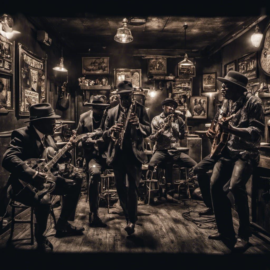 Smoky Bar Scene with Black Blues Musicians