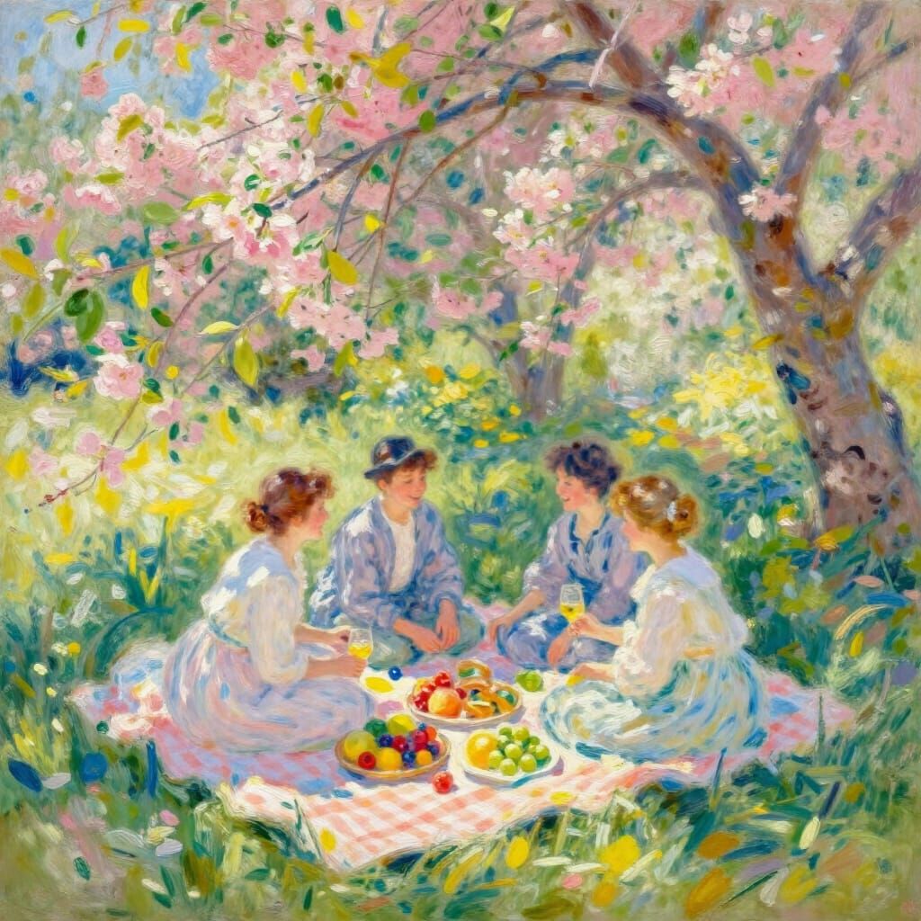 Vibrant Spring Picnic Scene with Impressionistic Brushstroke...