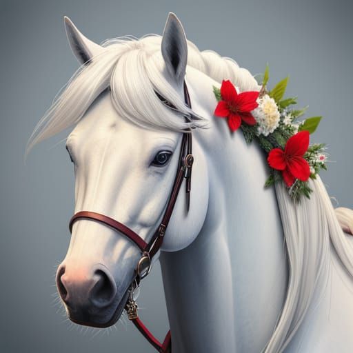 Hyperrealistic White Horse Portrait with Floral Wreath