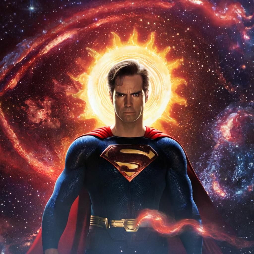 Superman Recharges in Black Suit Amidst Galaxies
