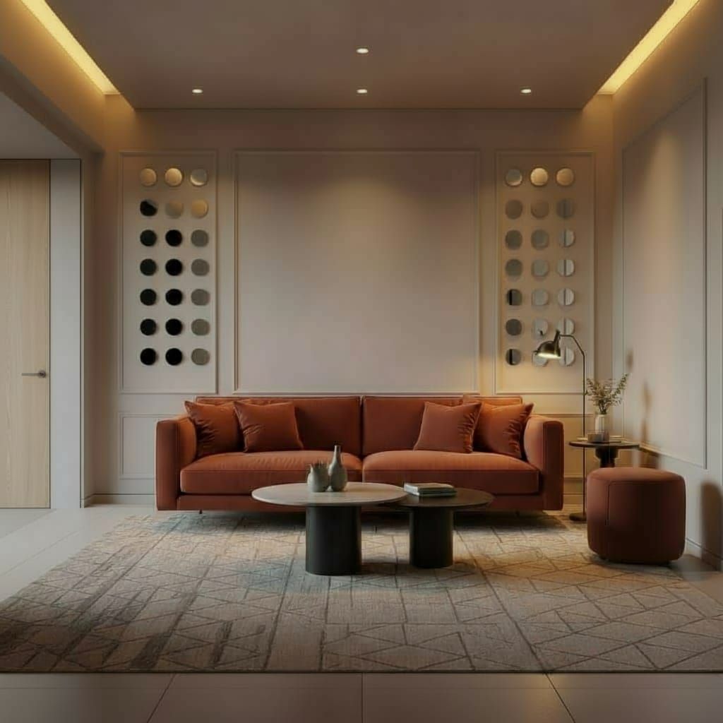 Modern Minimal Living Room 3D Render with Rust Sofa