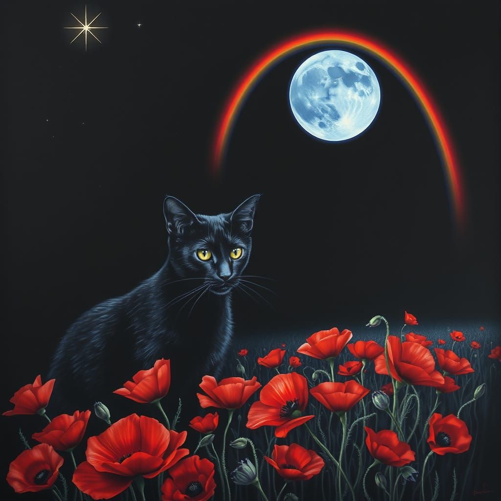 Cosmic Surrealist Scene with Poppies in Vibrant Crimson