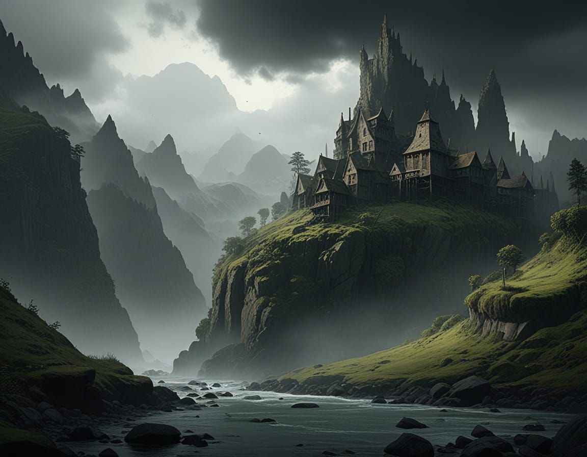 Desolate Village in Misty Chasm, Cinematic Matte Painting