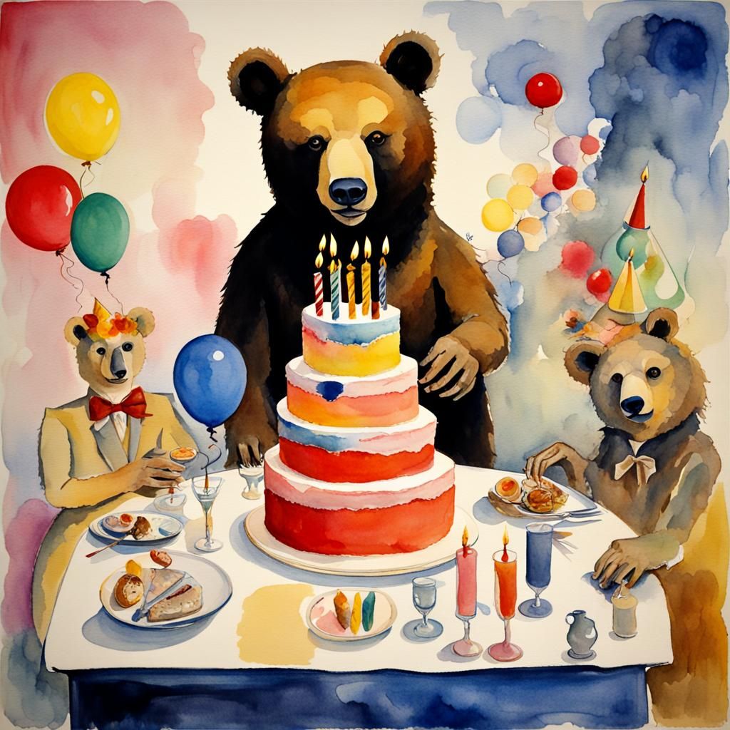 Surreal Birthday Party for a Bear, in Watercolor