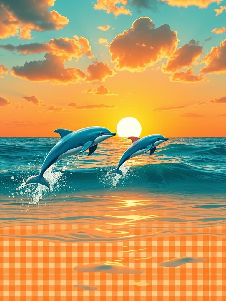 Vibrant Dolphins Leaping in a Sunset Gingham Scene