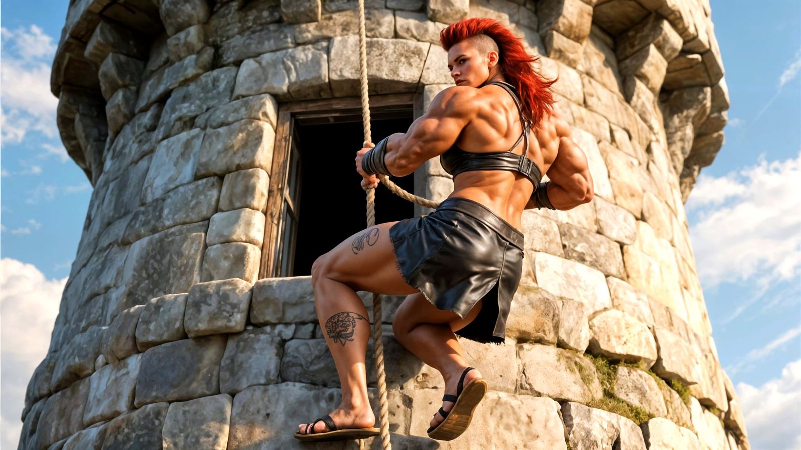 Muscular Amazonian Warrior Descends Tower on Rope