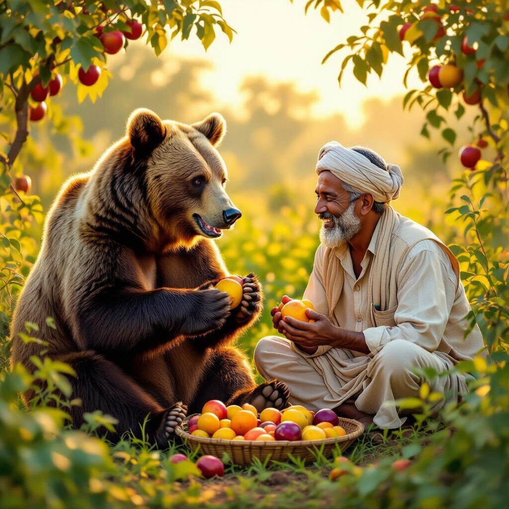 Bear and Farmer Share Fruit in Golden Hour Farm Setting