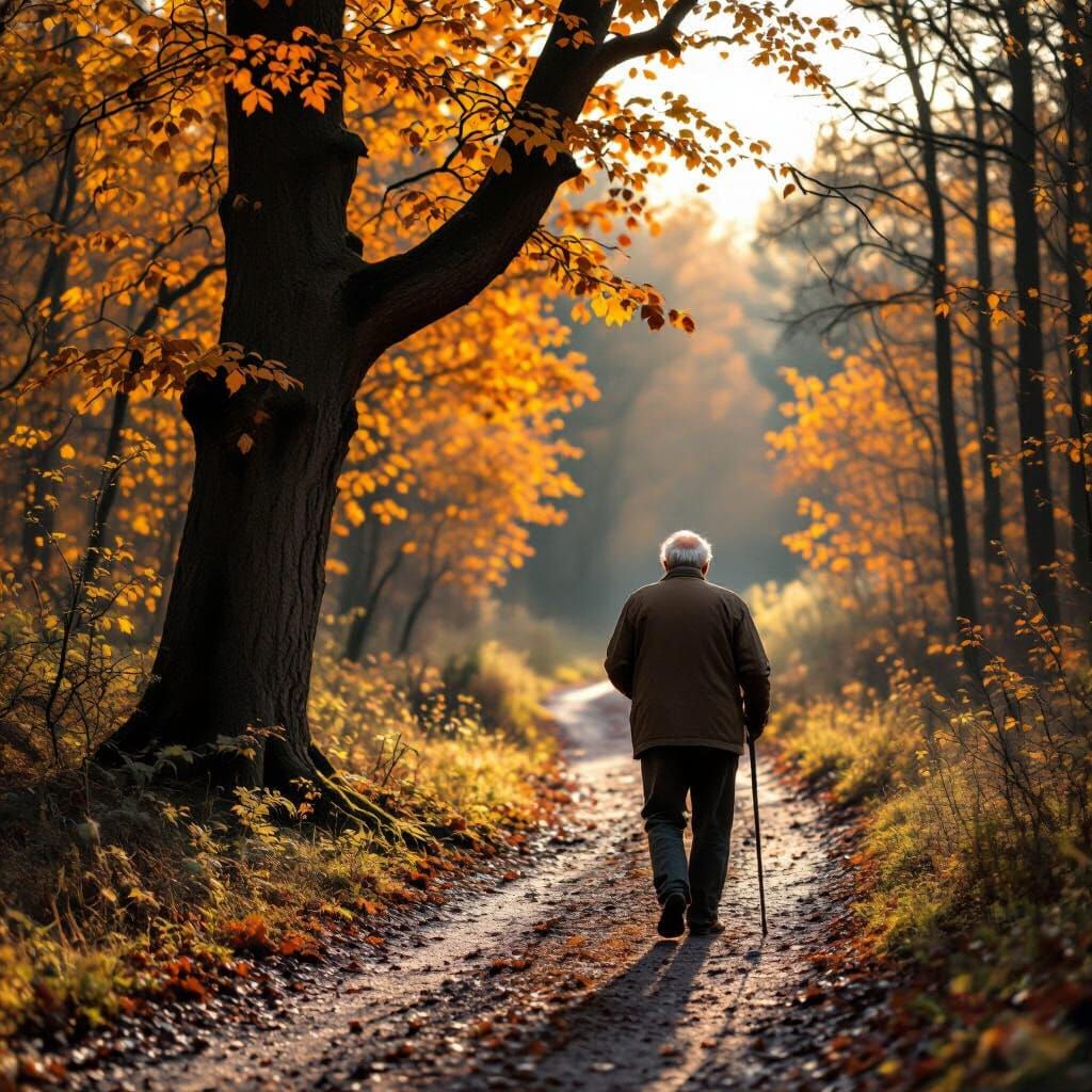 Elderly Man Walks Autumn Forest Path with Gnarled Tree