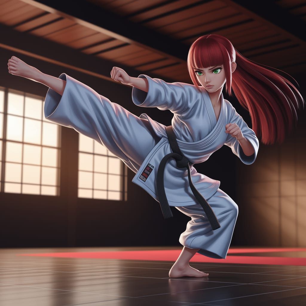 Anime Woman's Spinning Kick in Dojo, Detailed Illustration