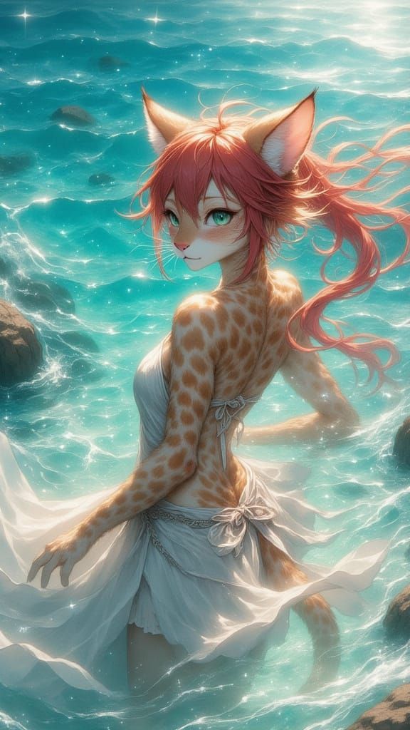Anime Cat Girl Dances by the Sea