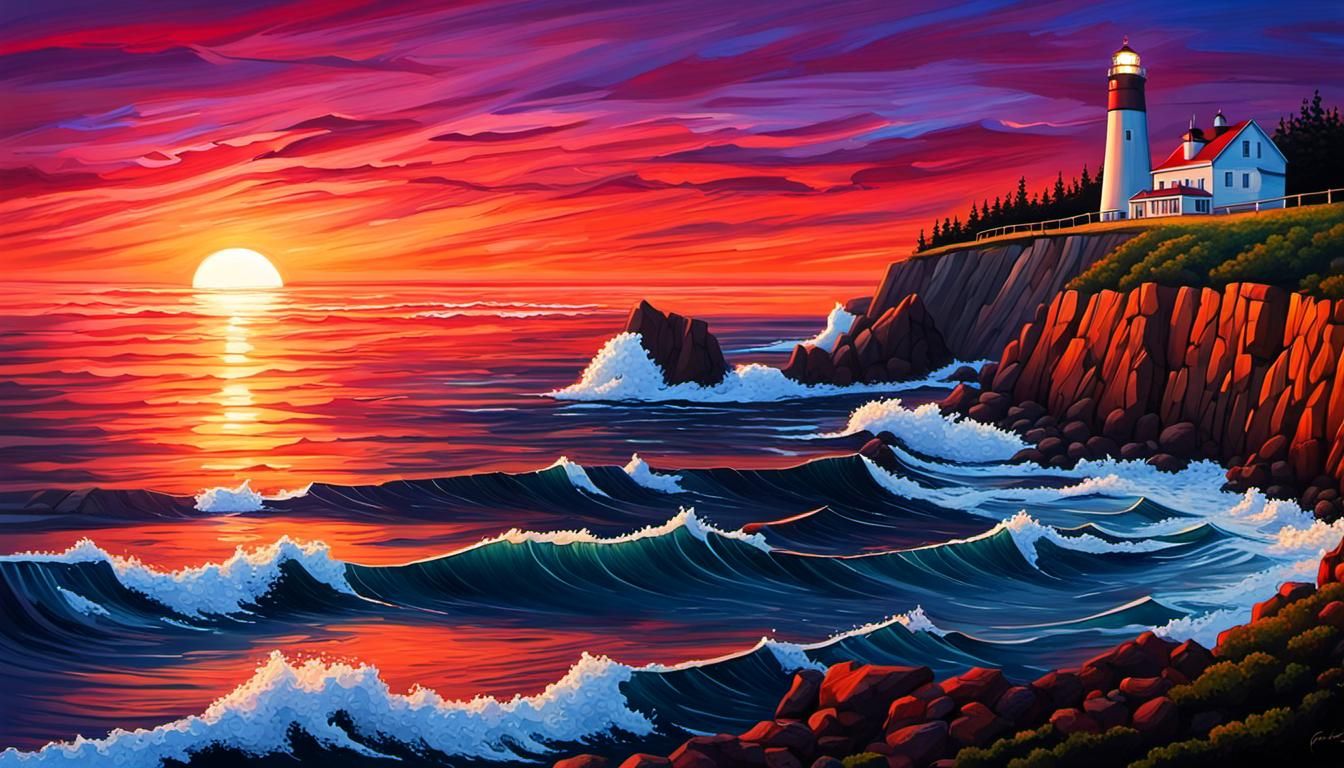 Sunset Lighthouse Over Peaceful Ocean, Vibrant Colors