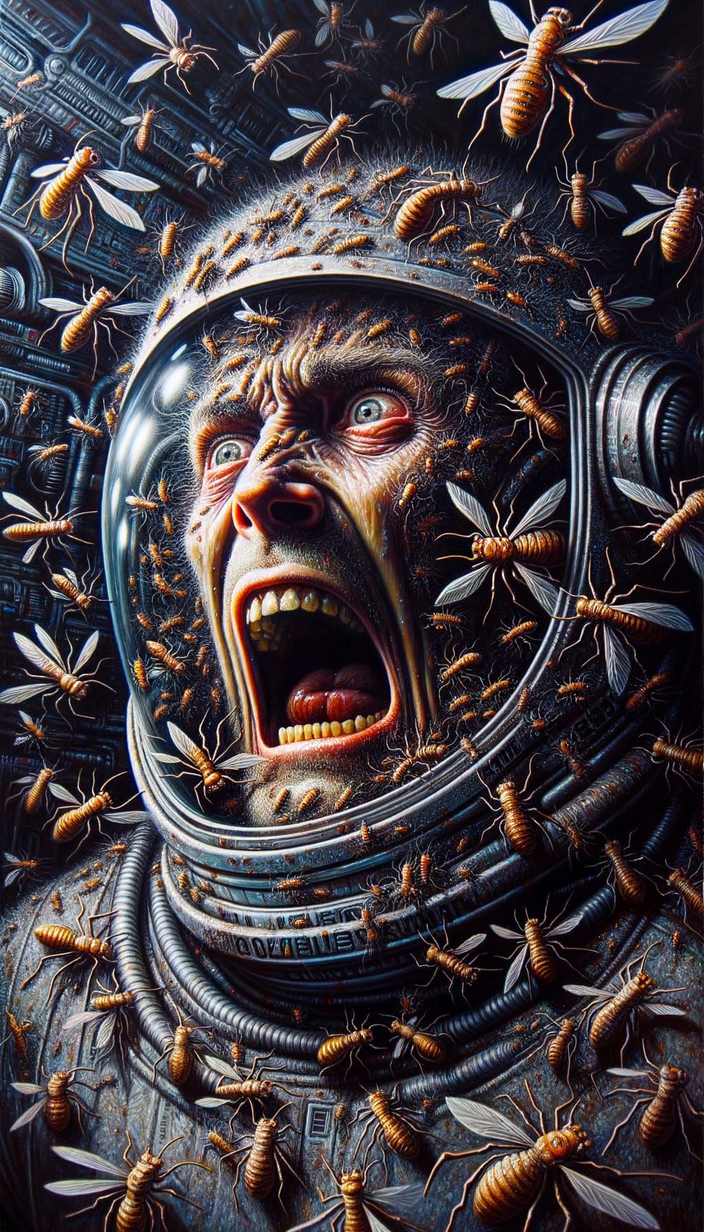 Macabre Oil Painting: Space Soldier's Alien Nightmare