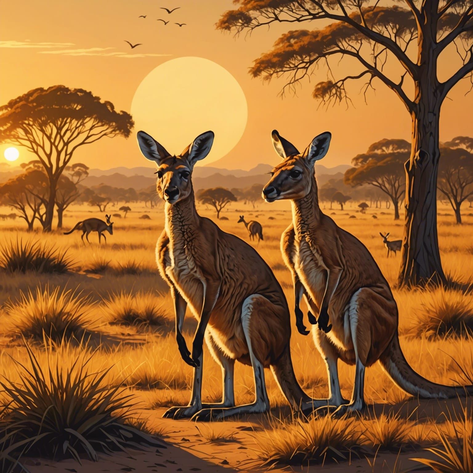 Kangaroos in Savanna at Golden Hour