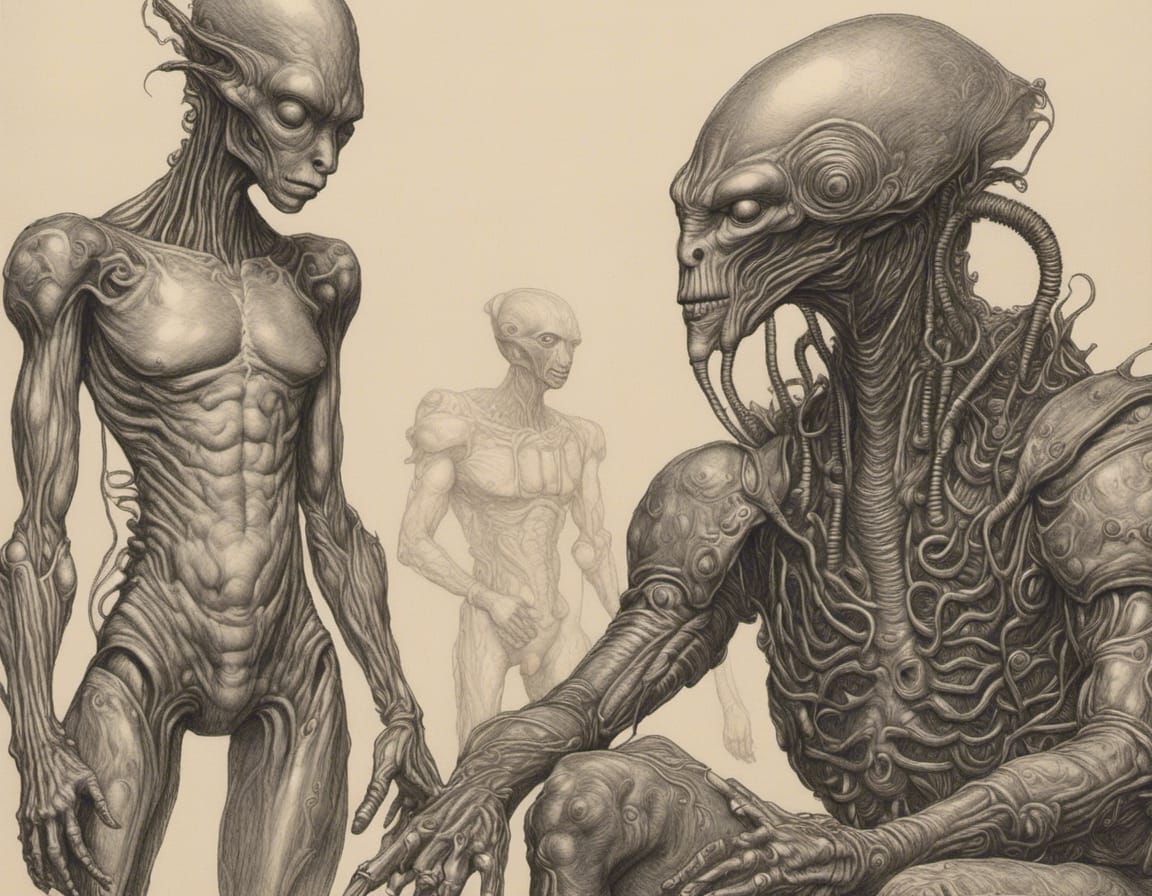Hyperrealistic Alien Couple in Bizarre Magical Realism