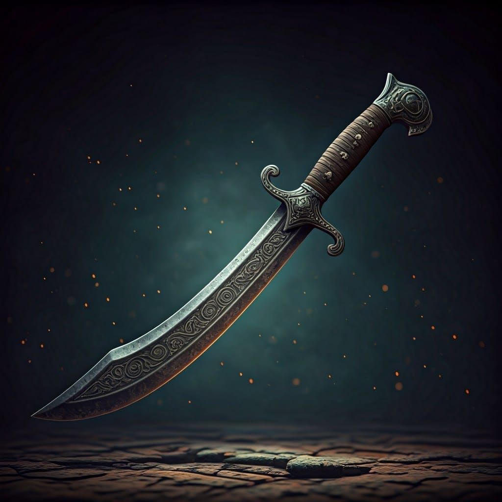 Ancient Iron Scimitar in Mysterious, High-Contrast Landscape