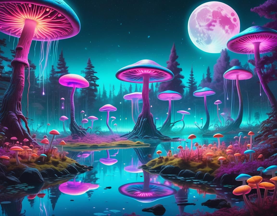 Bioluminescent Alien Garden with Rainbow in Pastel Colors