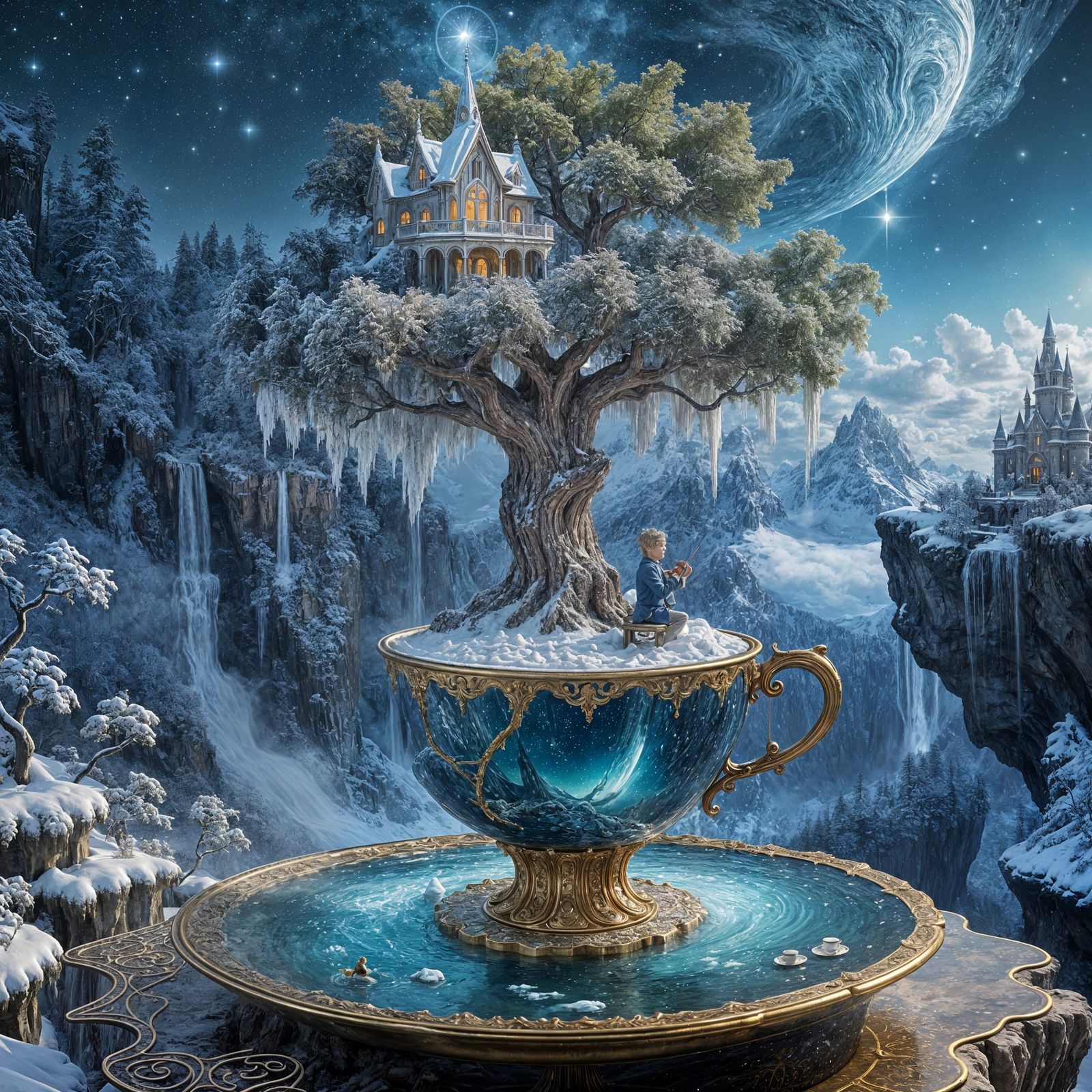 Boy Plays Violin on Teacup Castle in Cosmic Night