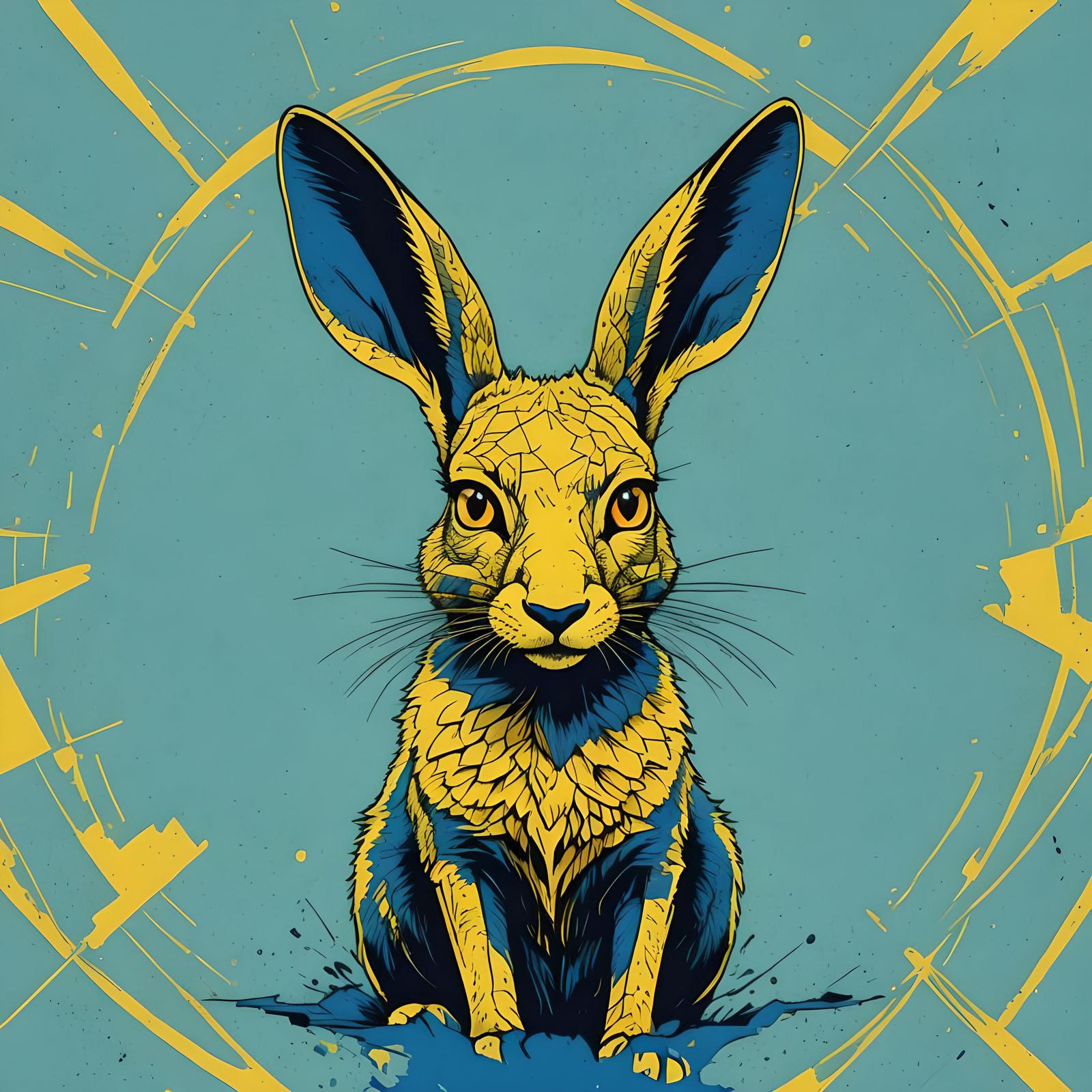 Yellow Hare on Blue Fox in Pop Art Style