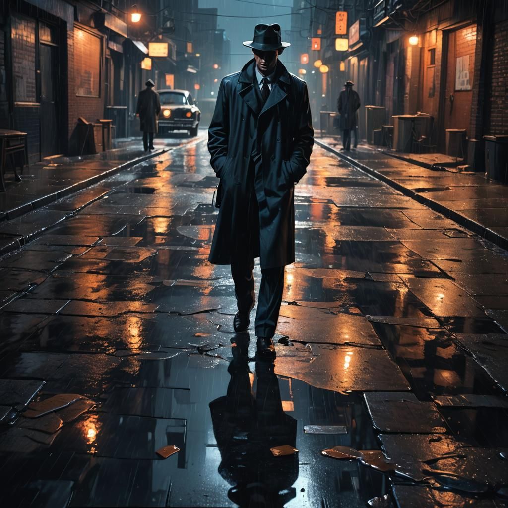 Film Noir Detective in Rainy City Alleyway