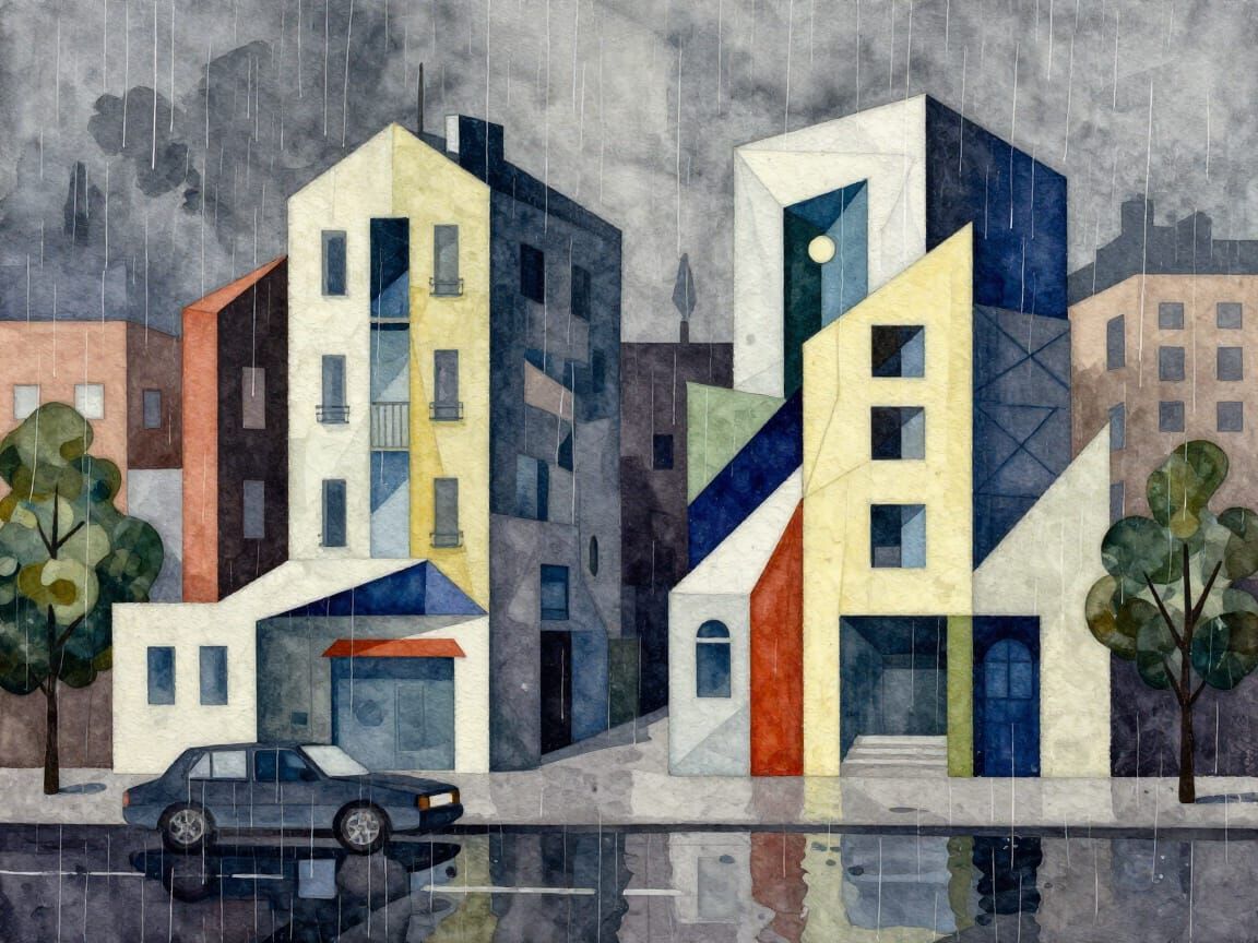 A watercolor. Urban rain cubist painting, Neo-Cubism, layered overlapping geometry, art deco painting. No likes.