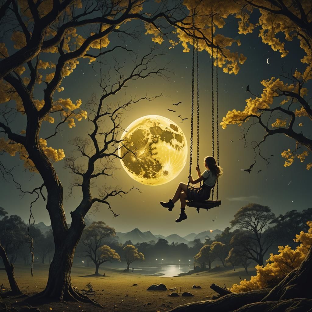 Girl on Swing with Moon: Digital Matte Painting