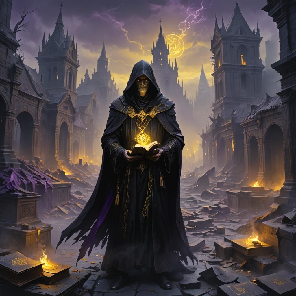 Heroic Necromancer in Ruined City: Dark Fantasy Art