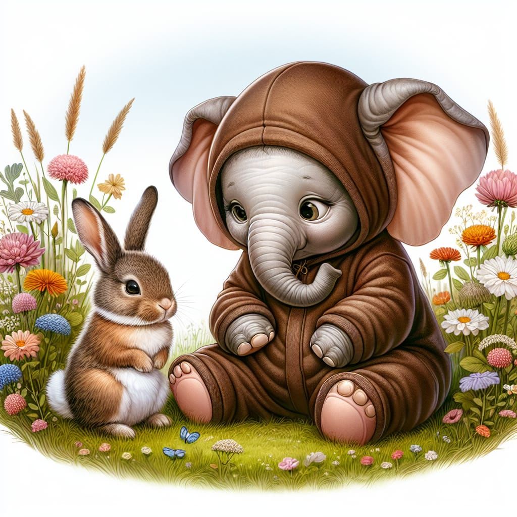 Elephant and Bunny in Wildflower Meadow, Cartoon Style
