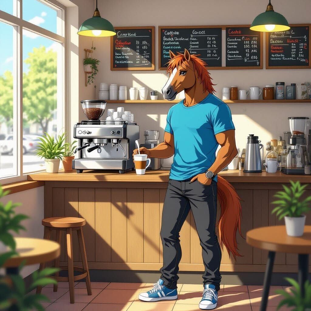 Centaur Coffee Shop Worker in Anime Style
