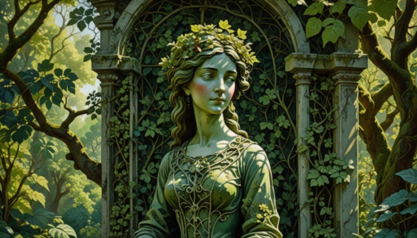 Moss-Covered Marble Sculpture in Late Afternoon Sunrays