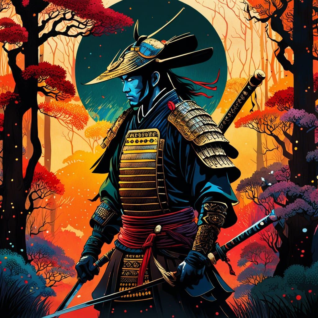 Samurai Warrior in Luminous Watercolor Forest