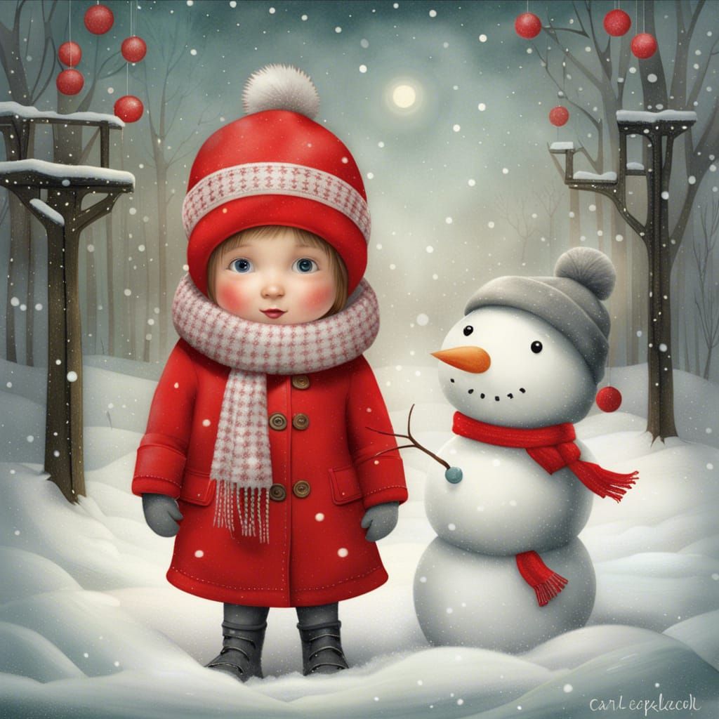 Child Building Snowman in Winter Storybook Illustration