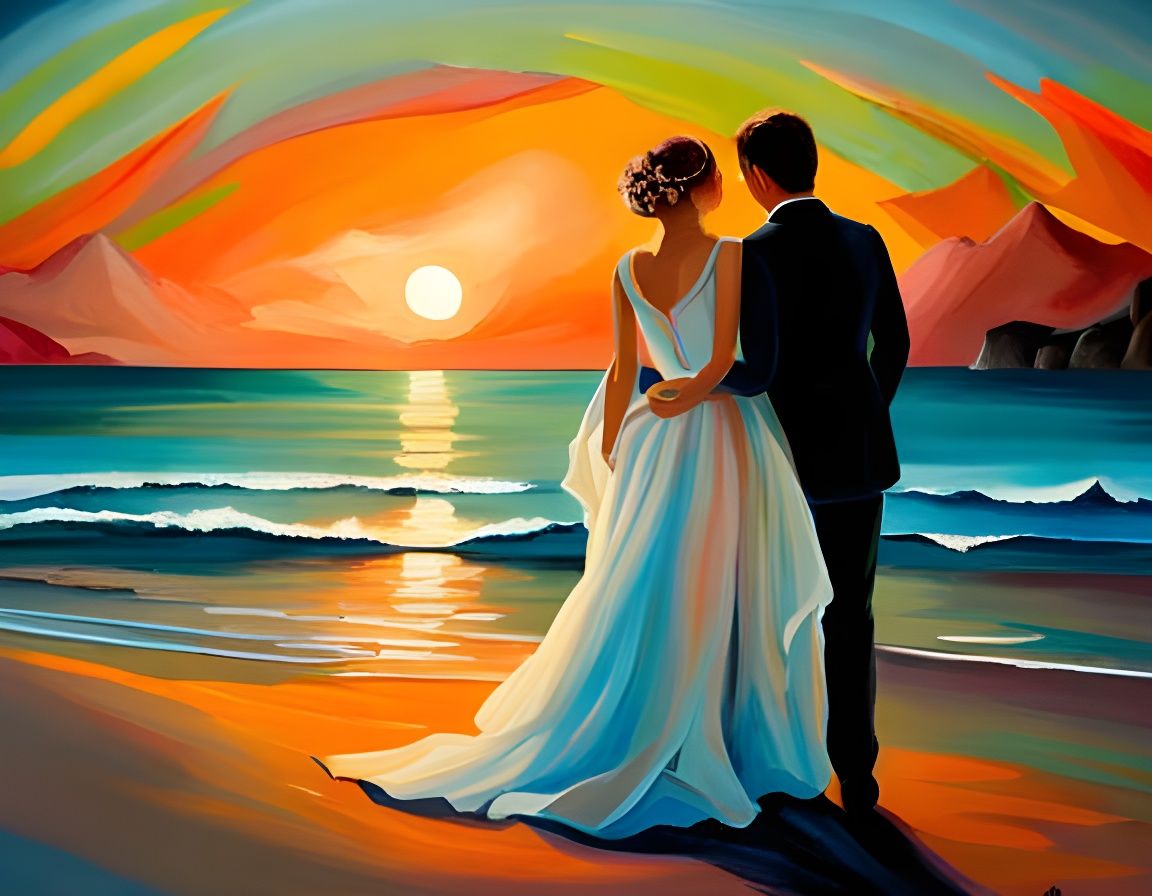 Newlyweds at Sunset: A Surreal Beach Painting