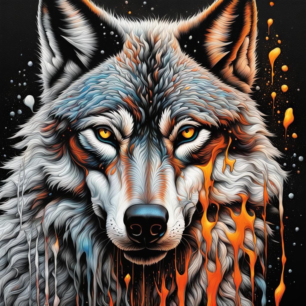 beautiful Wolf, Hyper detailed, Line Art, Black Background, ...