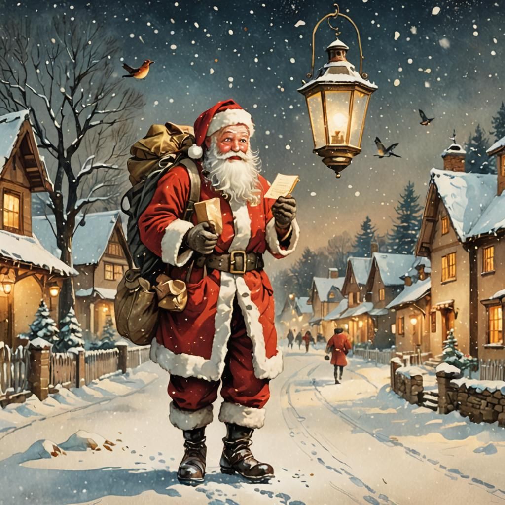 Santa Claus Retro Postcard in Winter Village