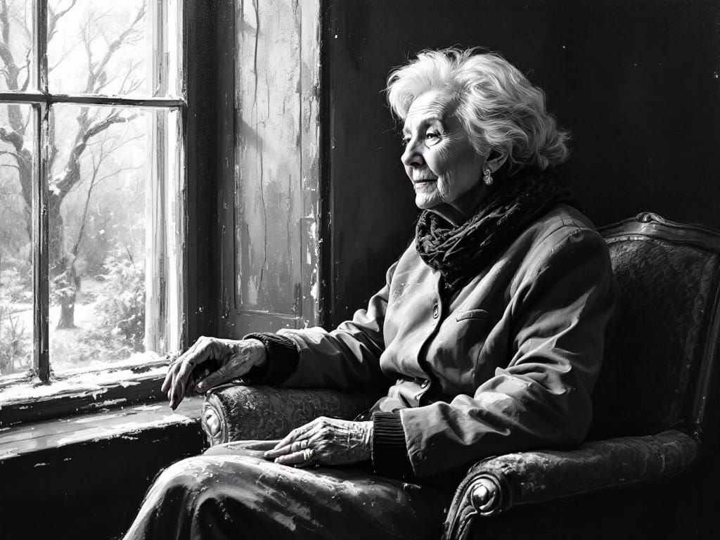 Elegant Winter Lady in Monochrome Mixed Media