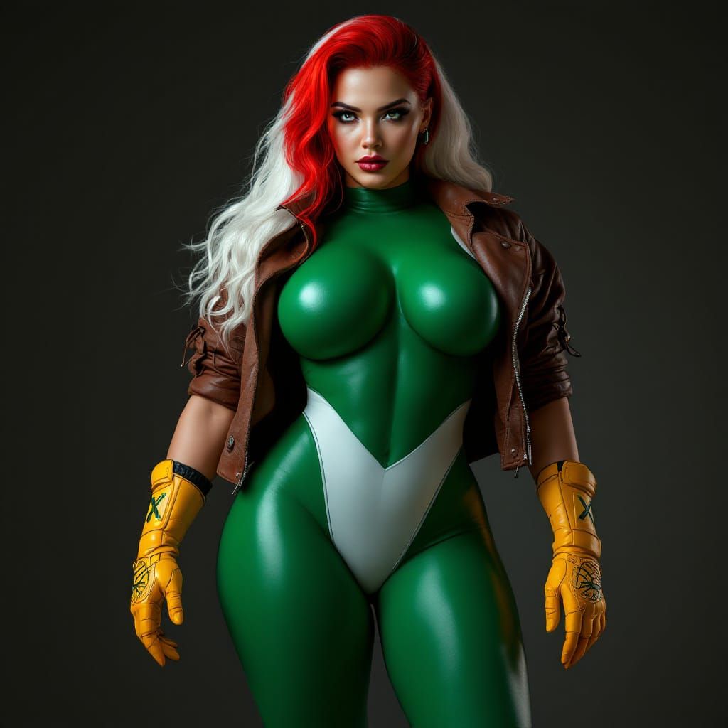 Rogue in Rocco-Green Suit with Red and White Hair