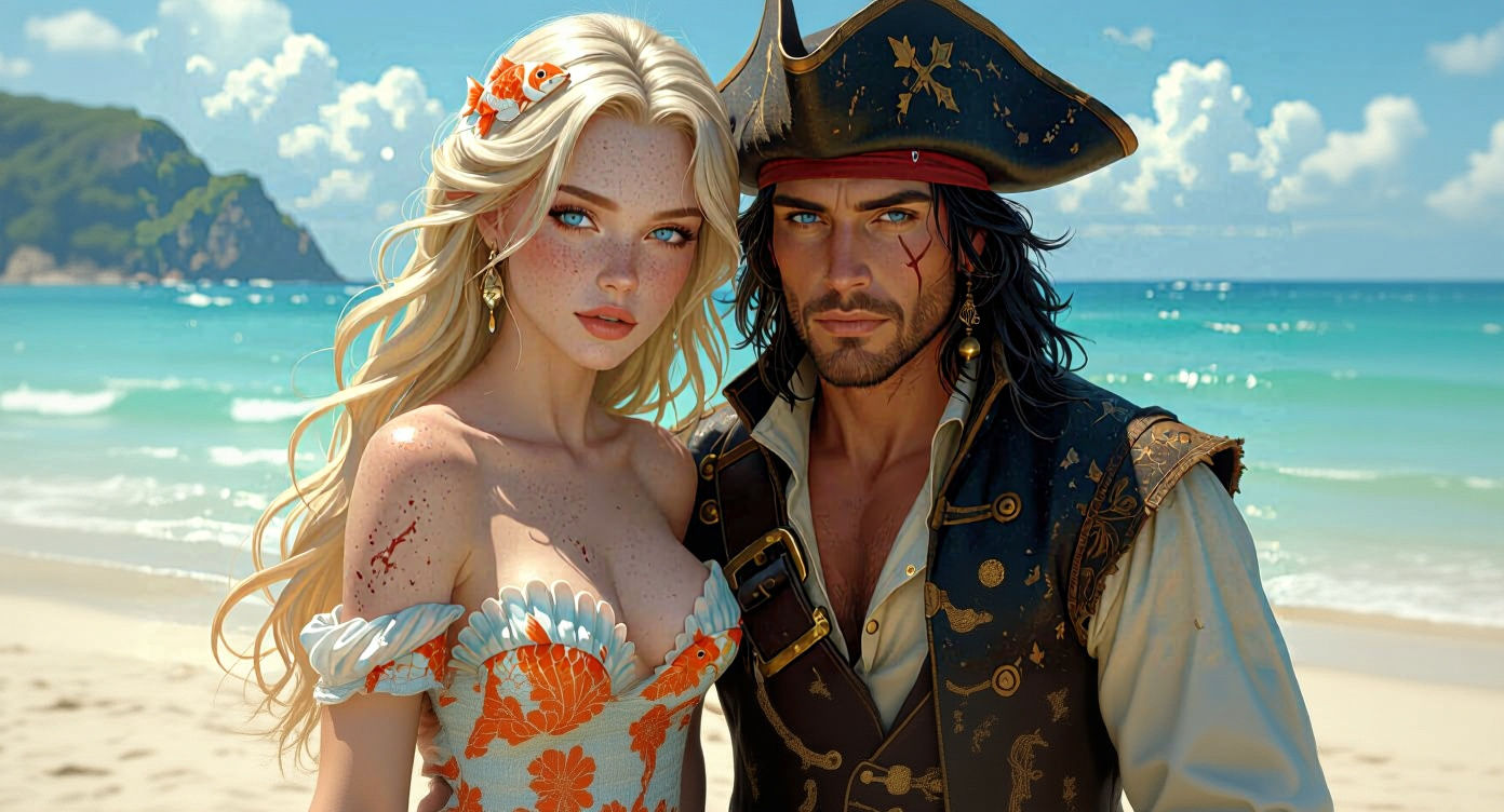 Mermaid and Pirate on Shore, Hyperdetailed Concept Art