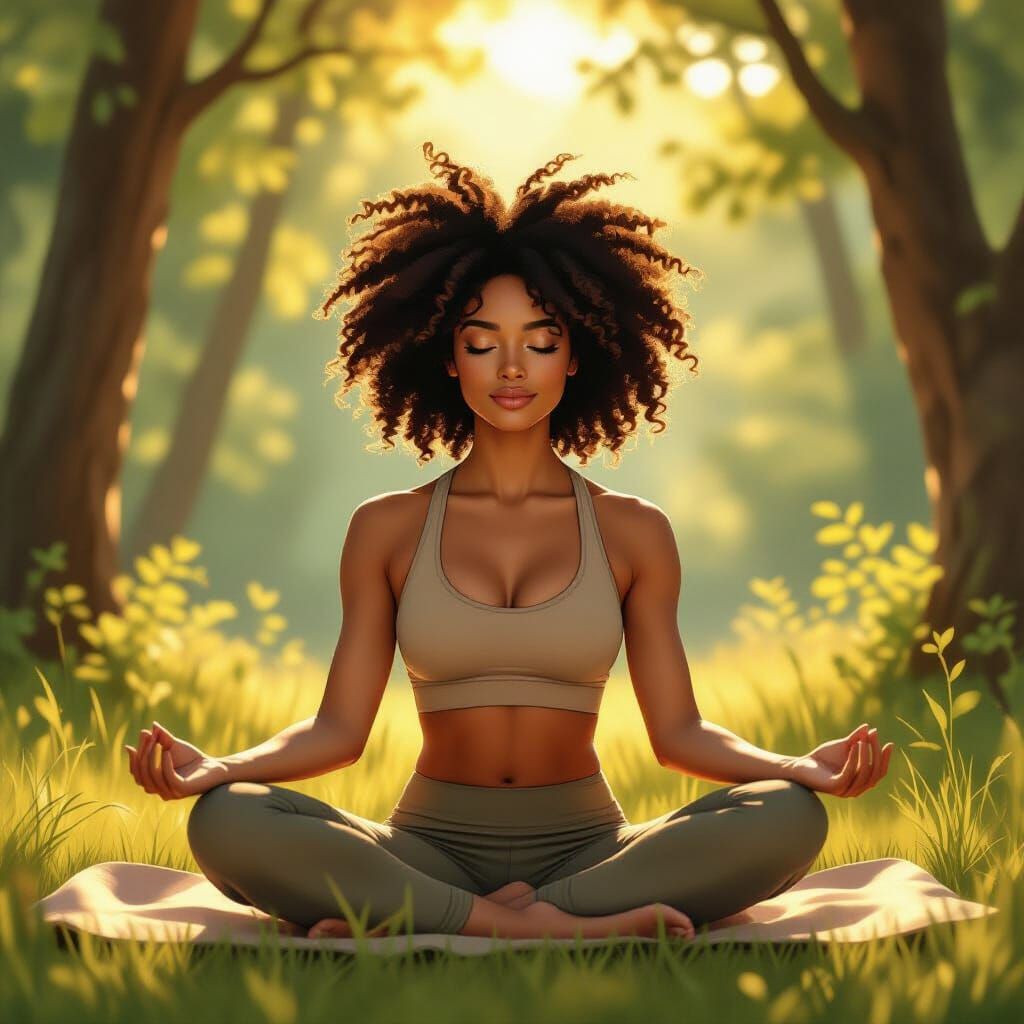 Woman in Yoga Pose in Sunlit Forest, Digital Art