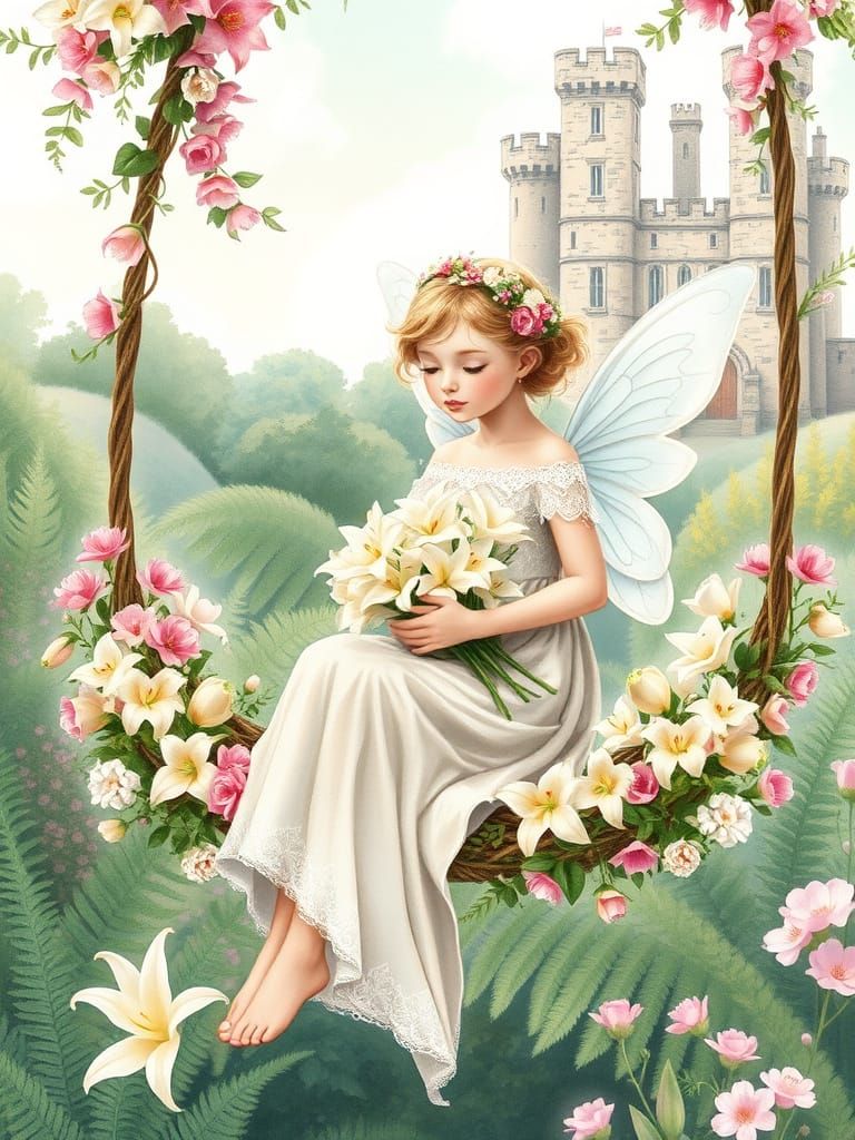 Whimsical Watercolor Fairy in a Floral Swing