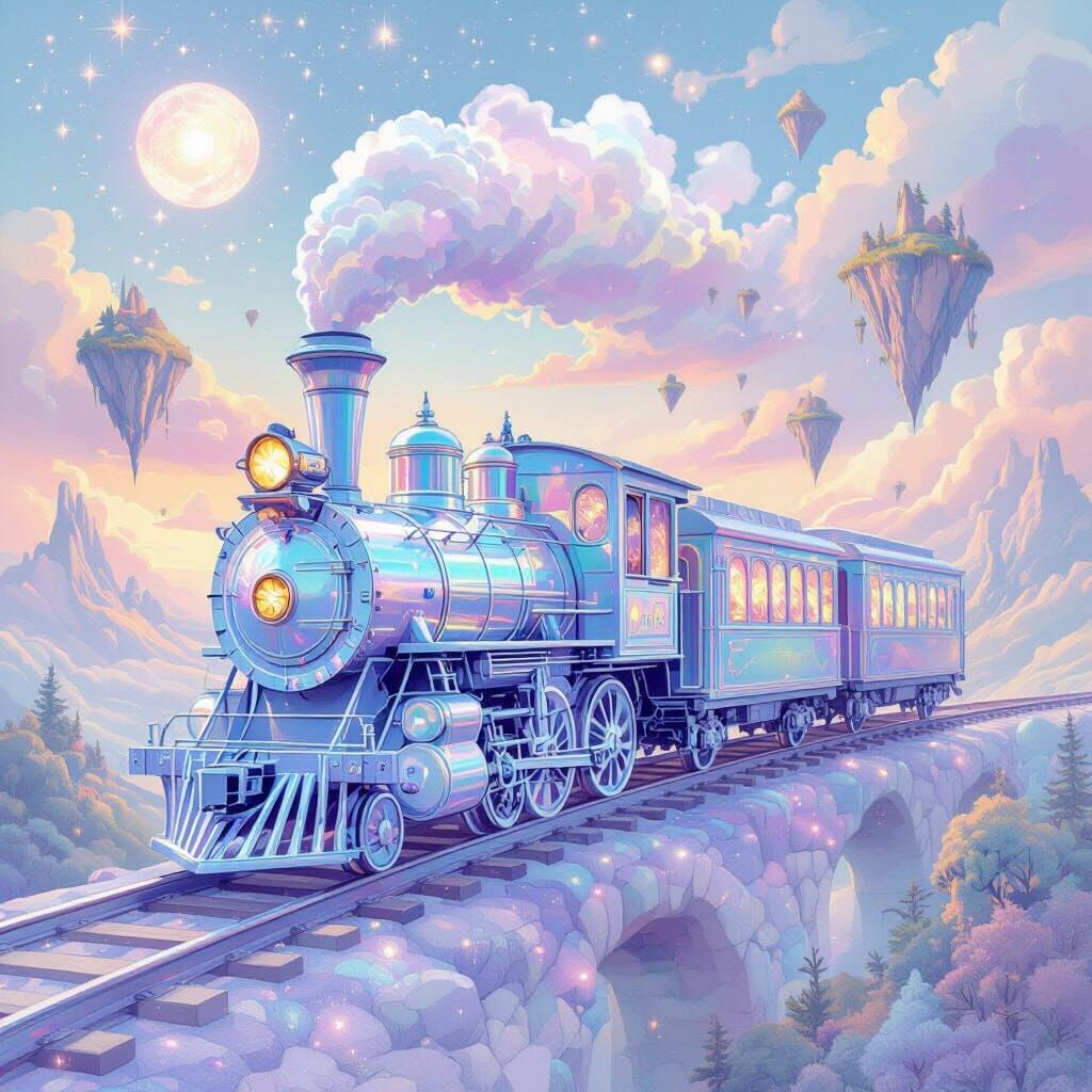 Whimsical Liquid Train Through Galactic Dreamscape