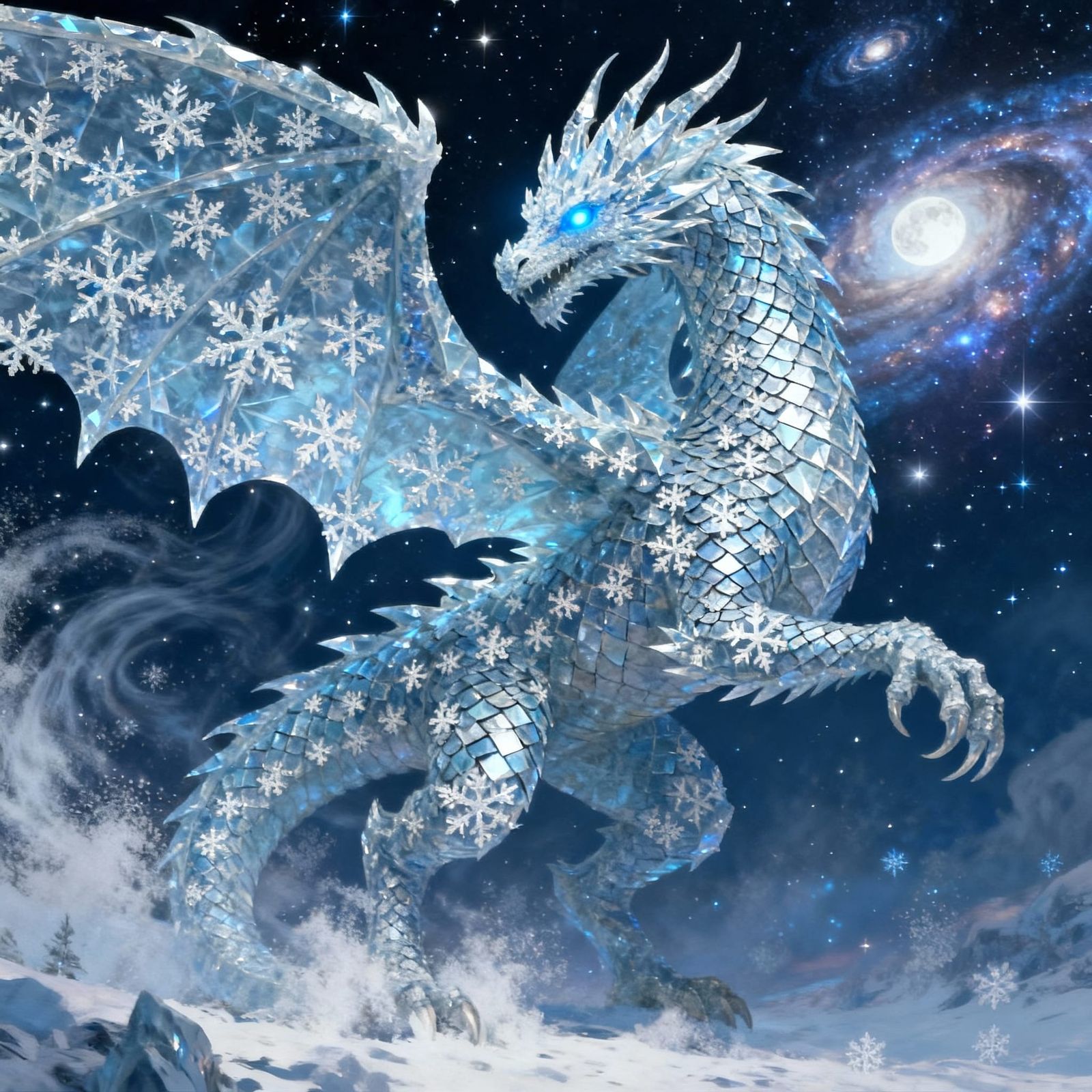 Majestic Ice Dragon Soaring Through Starlit Sky