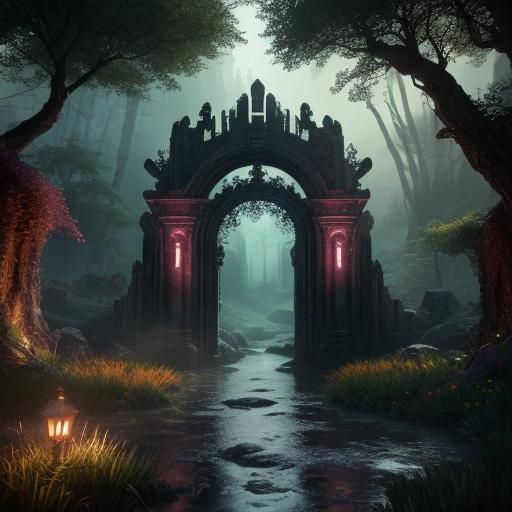 Mystical Knight Guarding Portal in Fantasy Landscape